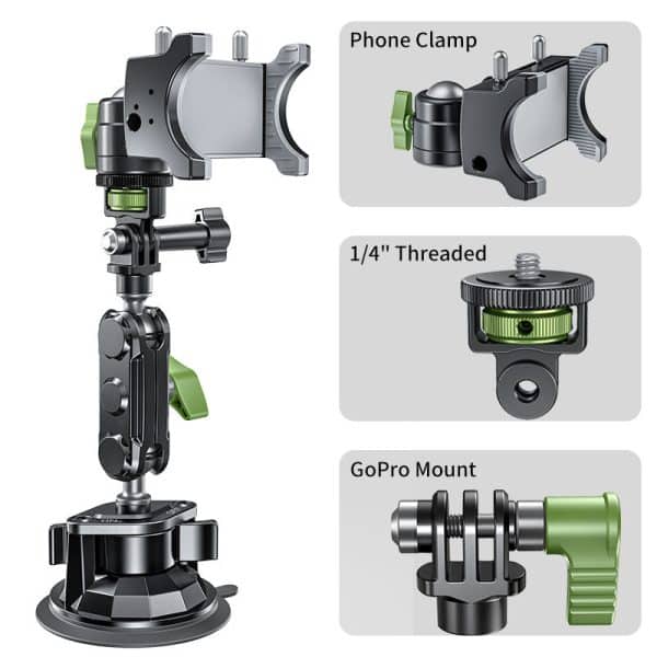 3 in 1 Car Holder Strong Suction Cup Mount Aluminum Alloy Double Ball Head Arm for GoPro Mobile Phone Insta360 Action Cameras00006